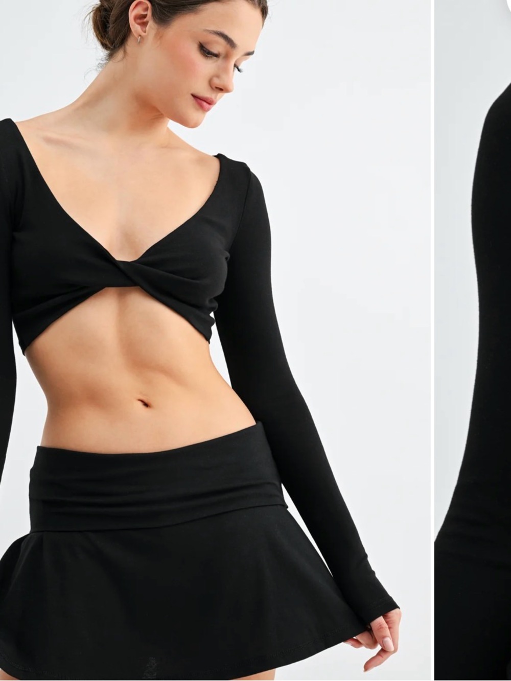 Black Cropped Wrap Long-Sleeve Top